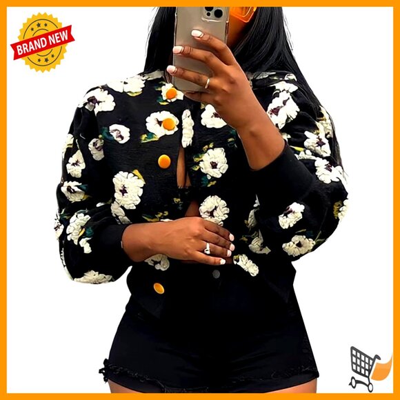 Jackets & Blazers - Cropped Fleece Bomber Jacket with Puff Sleeves Floral Print Button Down